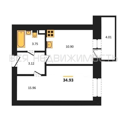 1-комнатная квартира, 34.93кв.м - изображение