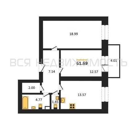 2-комнатная квартира, 61.69кв.м - изображение