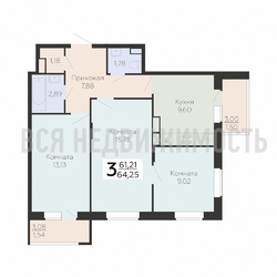 3-комнатная квартира, 64.25кв.м - изображение 1