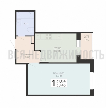 1-комнатная квартира, 38.43кв.м - изображение