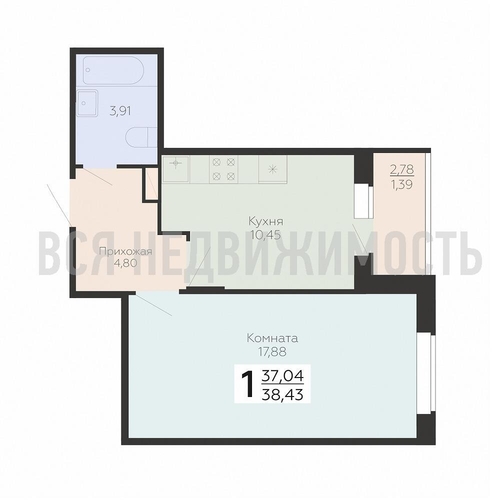 1-комнатная квартира, 38.43кв.м - изображение 0