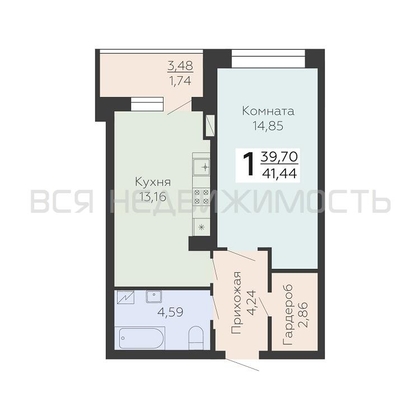 1-комнатная квартира, 41.44кв.м - изображение