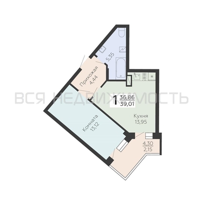 1-комнатная квартира, 39.01кв.м - изображение