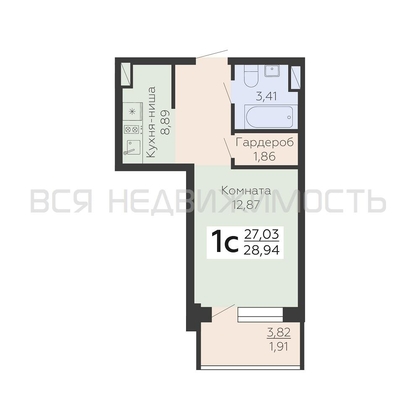 1-комнатная квартира, 28.94кв.м - изображение