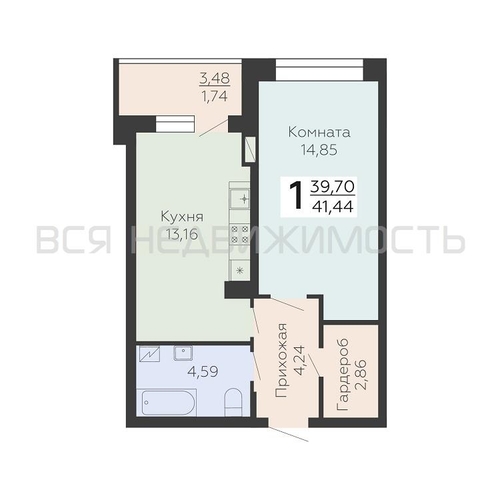 1-комнатная квартира, 41.44кв.м - изображение 0