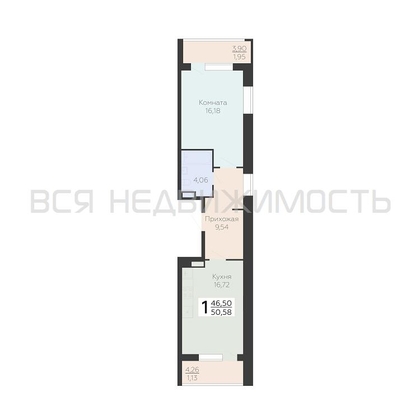 1-комнатная квартира, 50.58кв.м - изображение