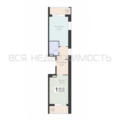 1-комнатная квартира, 50.58кв.м - изображение