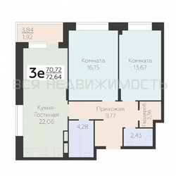 2-комнатная квартира, 72.64кв.м 2-комнатная квартира, 72.64кв.м - изображение 1