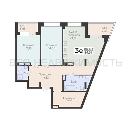 2-комнатная квартира, 84.51кв.м - изображение