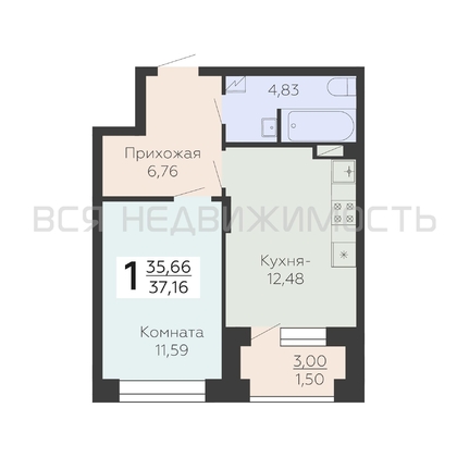1-комнатная квартира, 37.16кв.м - изображение