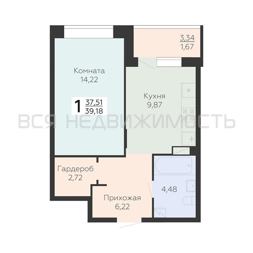 1-комнатная квартира, 39.18кв.м - изображение 0
