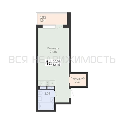 квартира-студия, 32,45кв.м. - изображение
