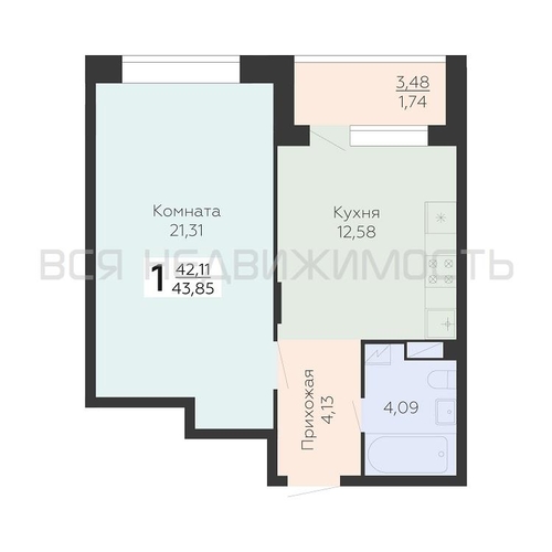 1-комнатная квартира, 43.85кв.м - изображение 0