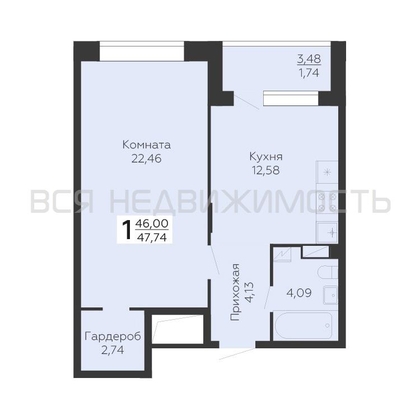 1-комнатная квартира, 47.74кв.м - изображение