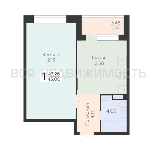 1-комнатная квартира, 45кв.м - изображение 0