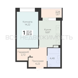 1-комнатная квартира, 39.18кв.м - изображение 1