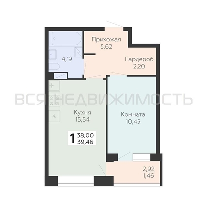 1-комнатная квартира, 39.46кв.м - изображение