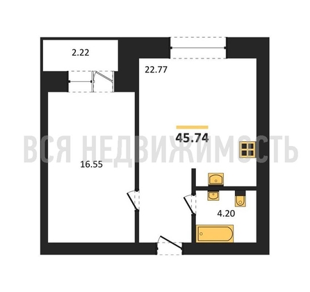 1-комнатная квартира, 45.74кв.м - изображение