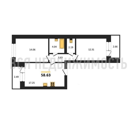 2-комнатная квартира, 58.63кв.м - изображение
