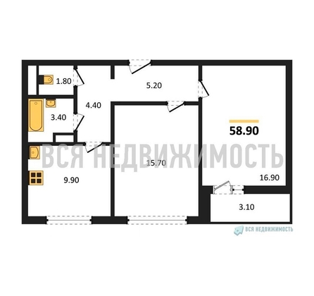 2-комнатная квартира, 58.9кв.м - изображение