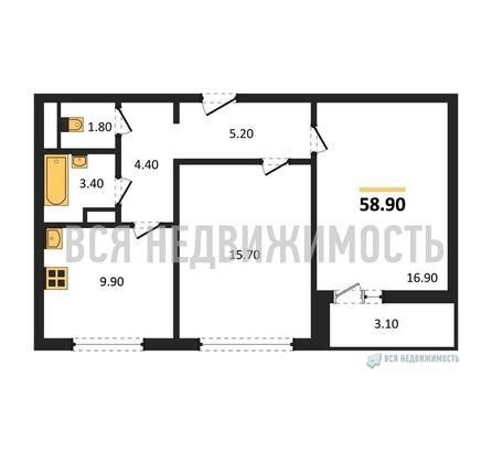2-комнатная квартира, 58.9кв.м - изображение