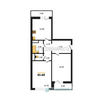 2-комнатная квартира, 65.6кв.м - изображение