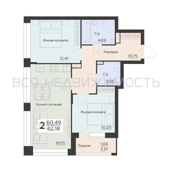 2-комнатная квартира, 62.18кв.м - изображение 1