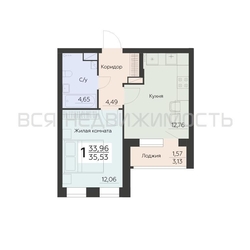 1-комнатная квартира, 35.53кв.м 1-комнатная квартира, 35.53кв.м - изображение 1