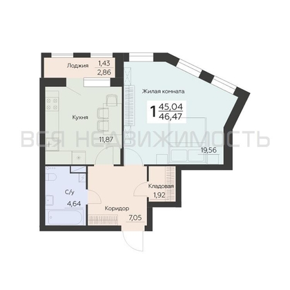 1-комнатная квартира, 46.47кв.м - изображение