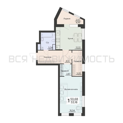 1-комнатная квартира, 53.18кв.м - изображение