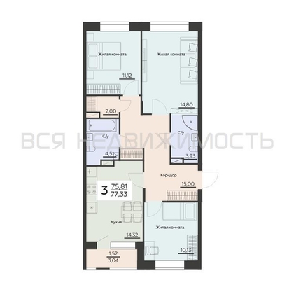 3-комнатная квартира, 77.33кв.м - изображение