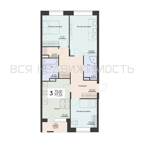 3-комнатная квартира, 77.33кв.м - изображение 0