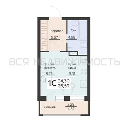квартира-студия, 26,59кв.м. - изображение