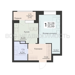1-комнатная квартира, 33.99кв.м - изображение 1