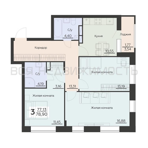 3-комнатная квартира, 78.9кв.м - изображение 0