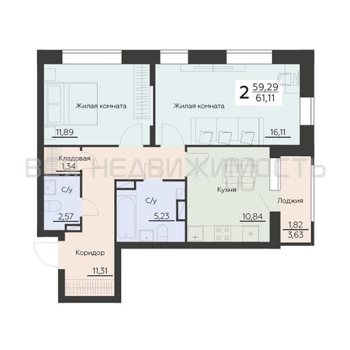 2-комнатная квартира, 61.11кв.м - изображение 0