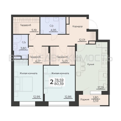 2-комнатная квартира, 80.39кв.м - изображение