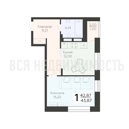 1-комнатная квартира, 43.87кв.м - изображение
