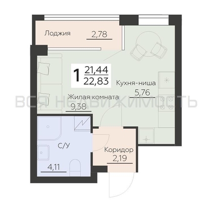 квартира-студия, 22,83кв.м. - изображение