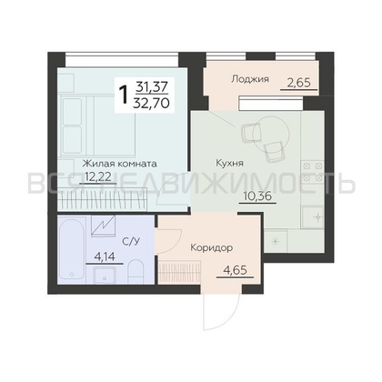 1-комнатная квартира, 32.7кв.м - изображение