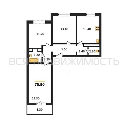 3-комнатная квартира, 75.9кв.м - изображение