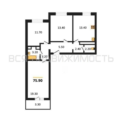 3-комнатная квартира, 75.9кв.м - изображение