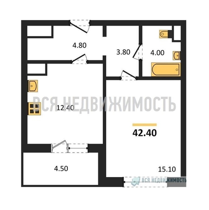 1-комнатная квартира, 42.4кв.м - изображение