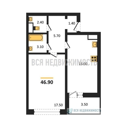 1-комнатная квартира, 46.9кв.м - изображение