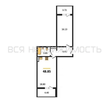 1-комнатная квартира, 48.85кв.м - изображение