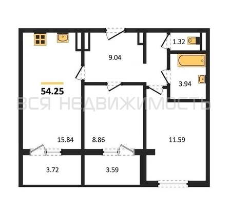 2-комнатная квартира, 54.25кв.м - изображение
