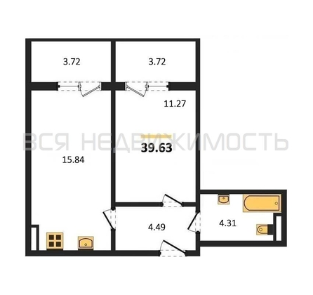 1-комнатная квартира, 39.63кв.м - изображение