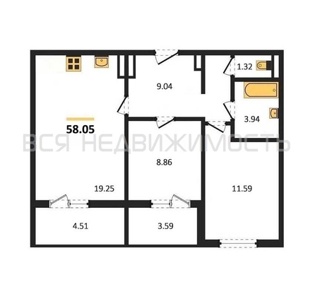 2-комнатная квартира, 58.05кв.м - изображение