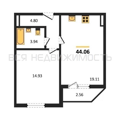1-комнатная квартира, 44.06кв.м - изображение