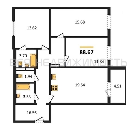 3-комнатная квартира, 88.67кв.м - изображение